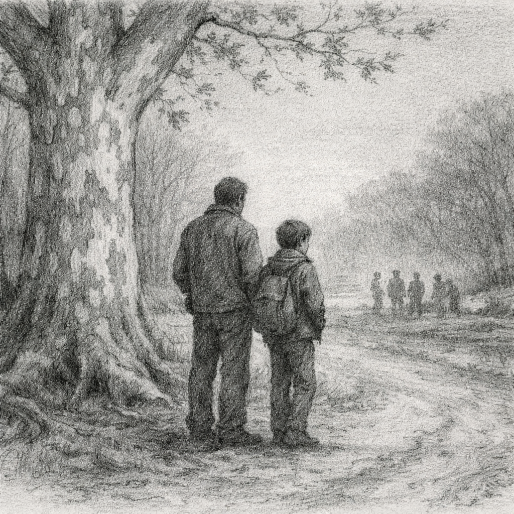 Father and son beneath a sycamore tree at dusk